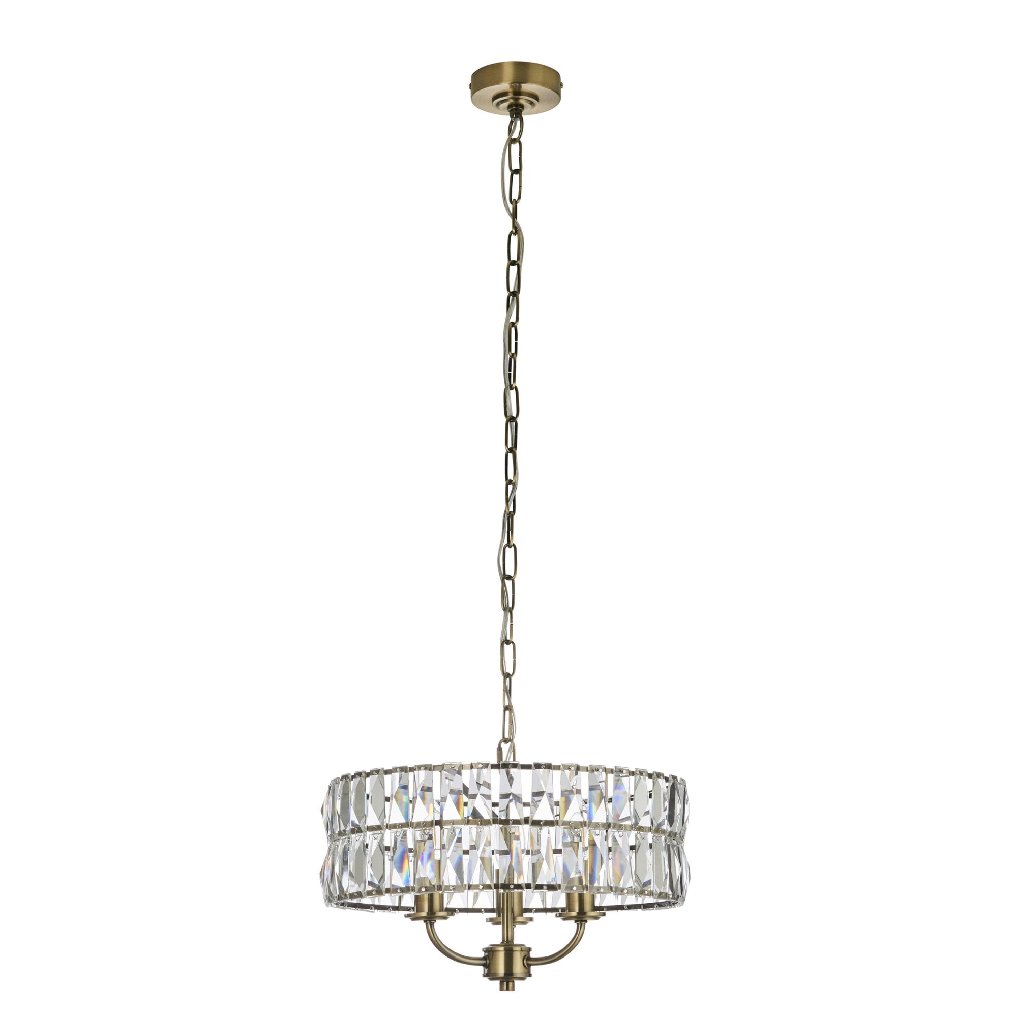 106243 Clifton 3 Light Pendant Antique Brass Plate And Clear Crystal Glass