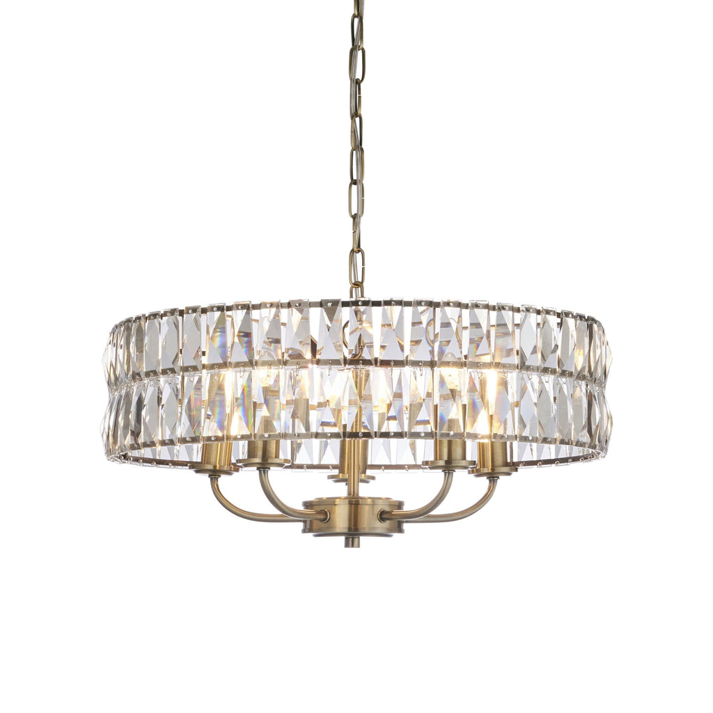 106244 Clifton 5 Light Pendant Antique Brass Plate And Clear Crystal Glass