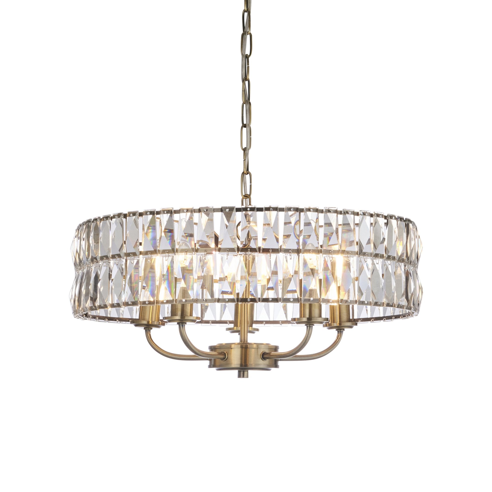 106244 Clifton 5 Light Pendant Antique Brass Plate And Clear Crystal Glass