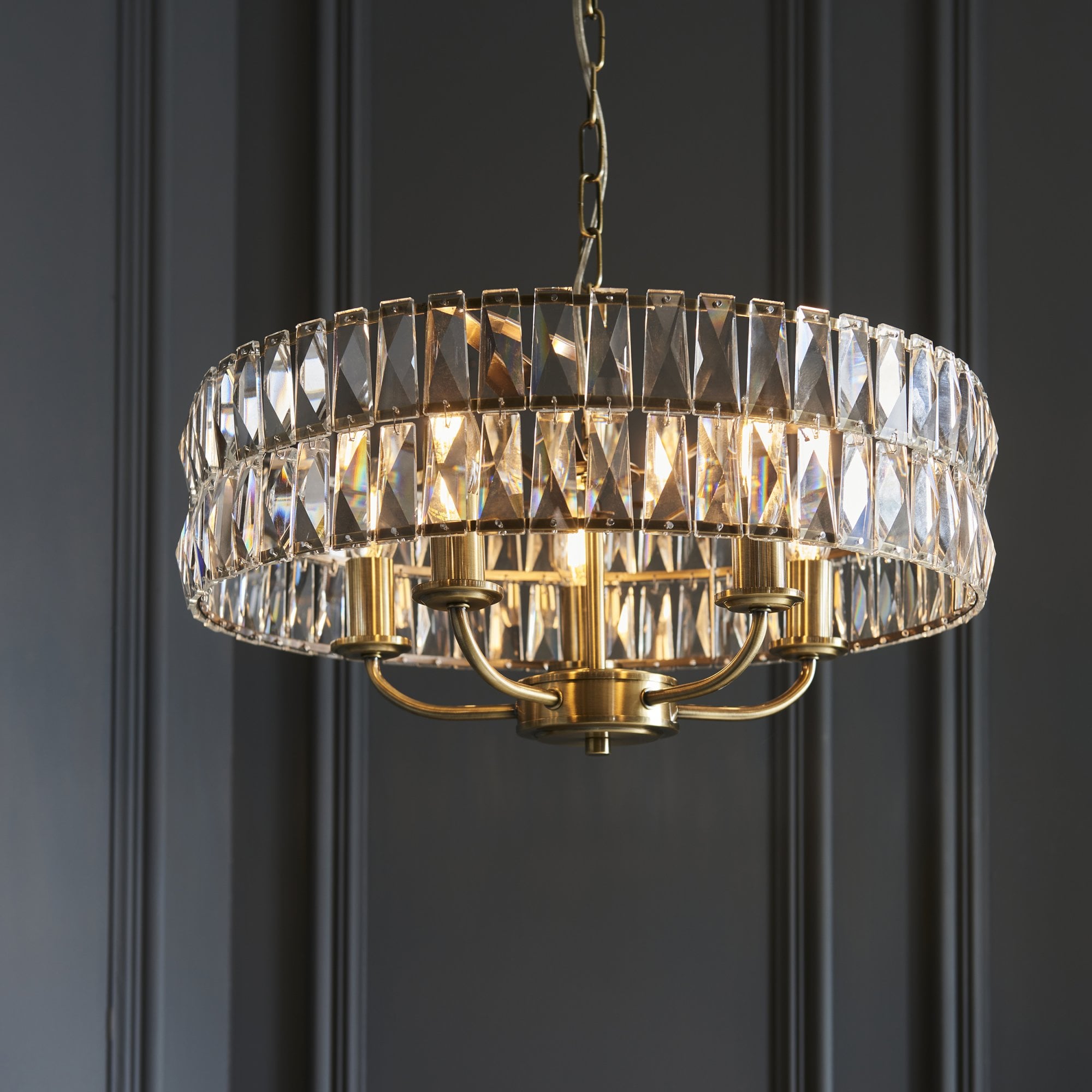 106244 Clifton 5 Light Pendant Antique Brass Plate And Clear Crystal Glass