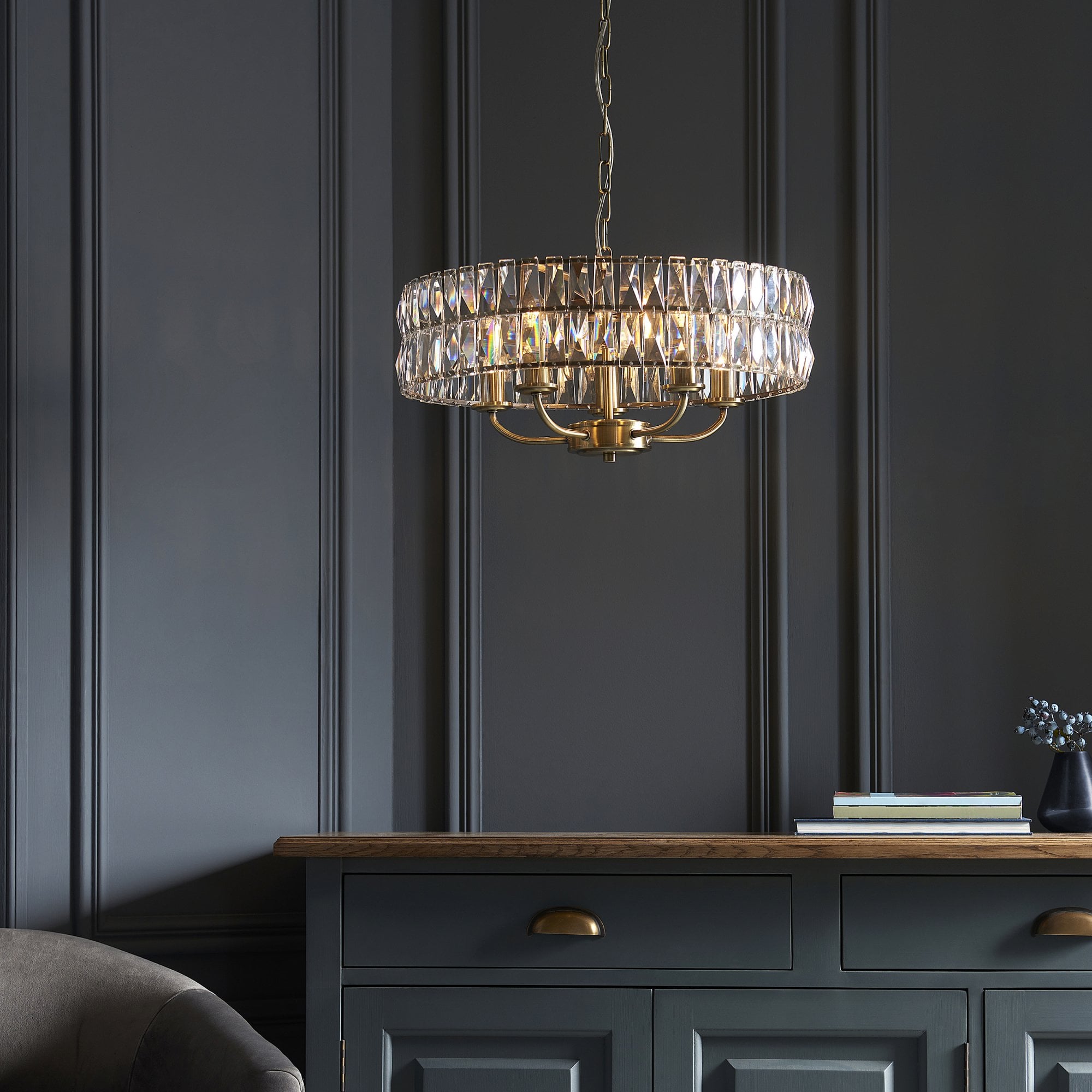 106244 Clifton 5 Light Pendant Antique Brass Plate And Clear Crystal Glass
