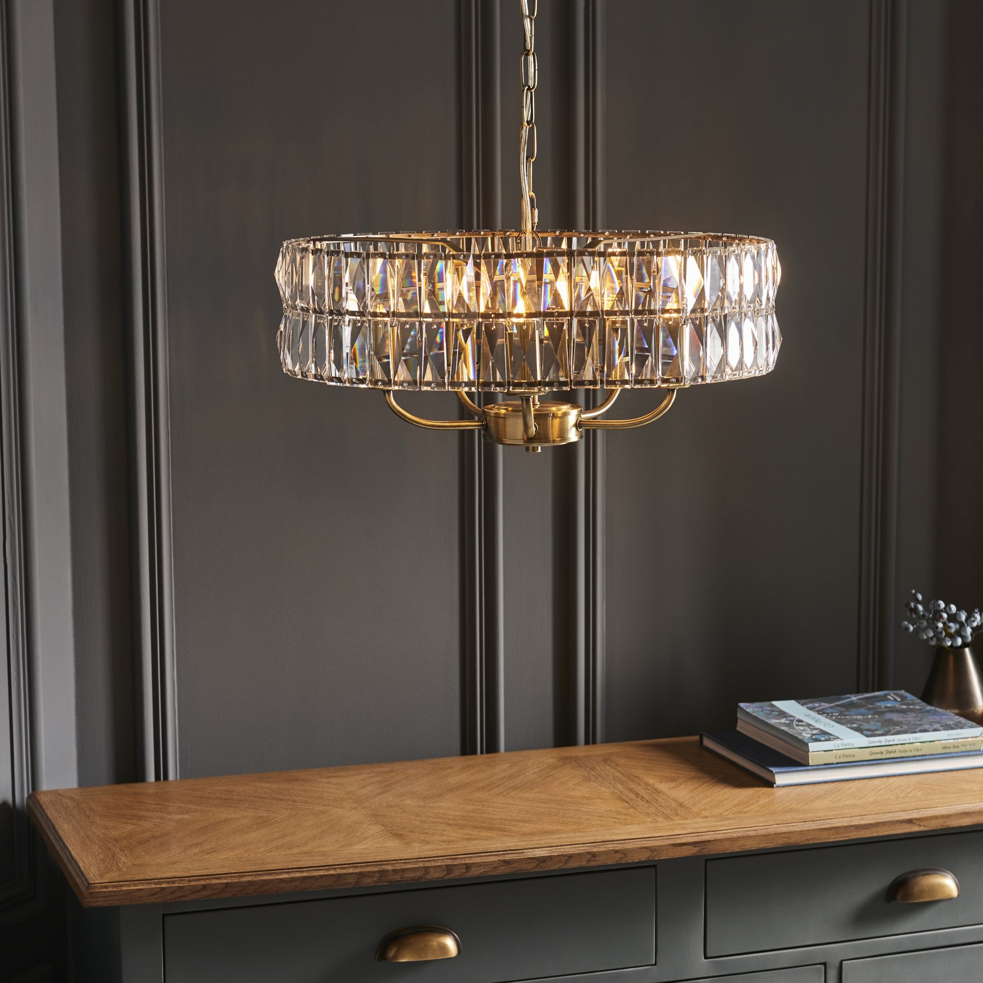 106244 Clifton 5 Light Pendant Antique Brass Plate And Clear Crystal Glass