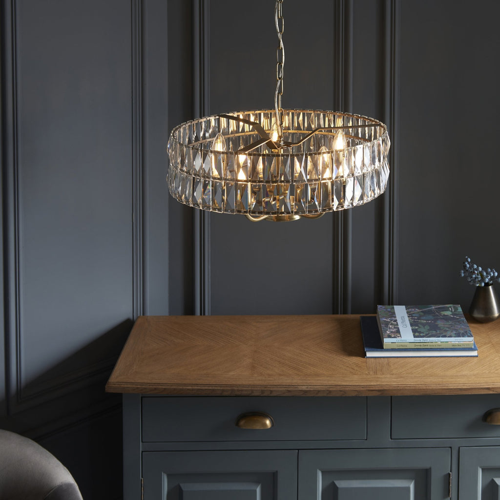 106244 Clifton 5 Light Pendant Antique Brass Plate And Clear Crystal Glass