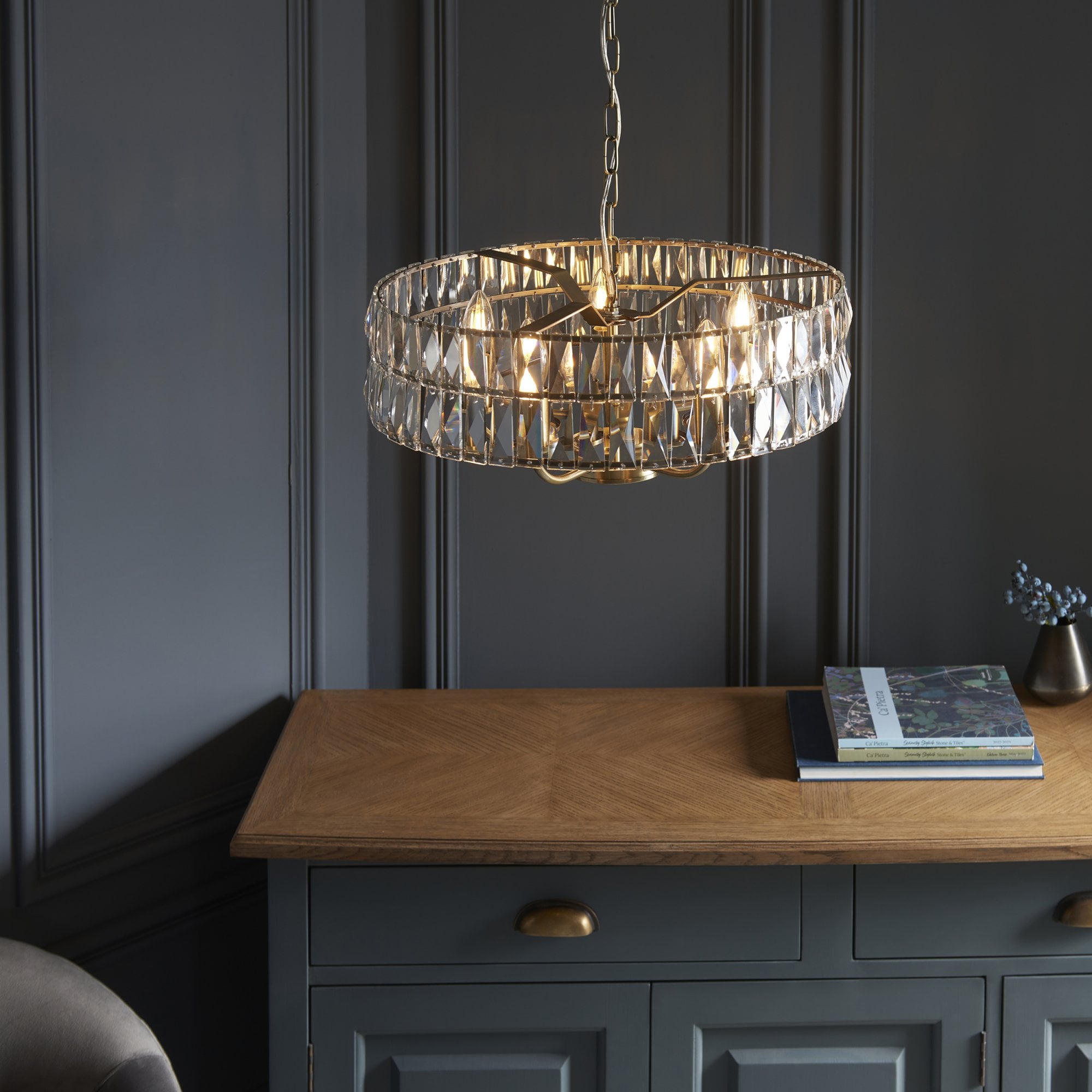 106244 Clifton 5 Light Pendant Antique Brass Plate And Clear Crystal Glass