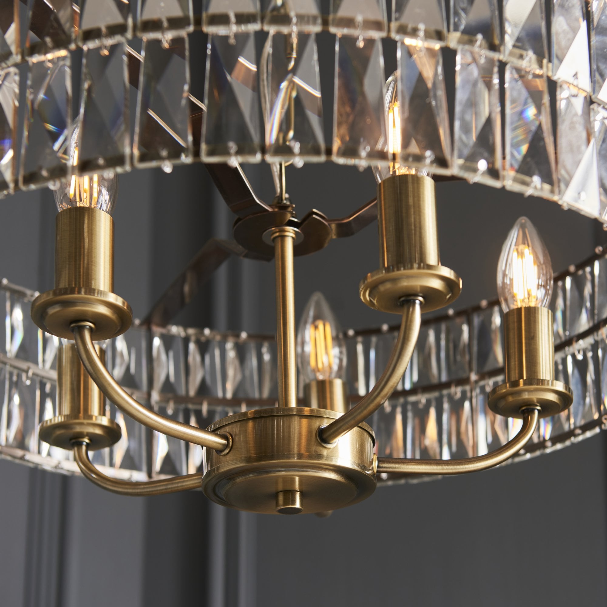 106244 Clifton 5 Light Pendant Antique Brass Plate And Clear Crystal Glass
