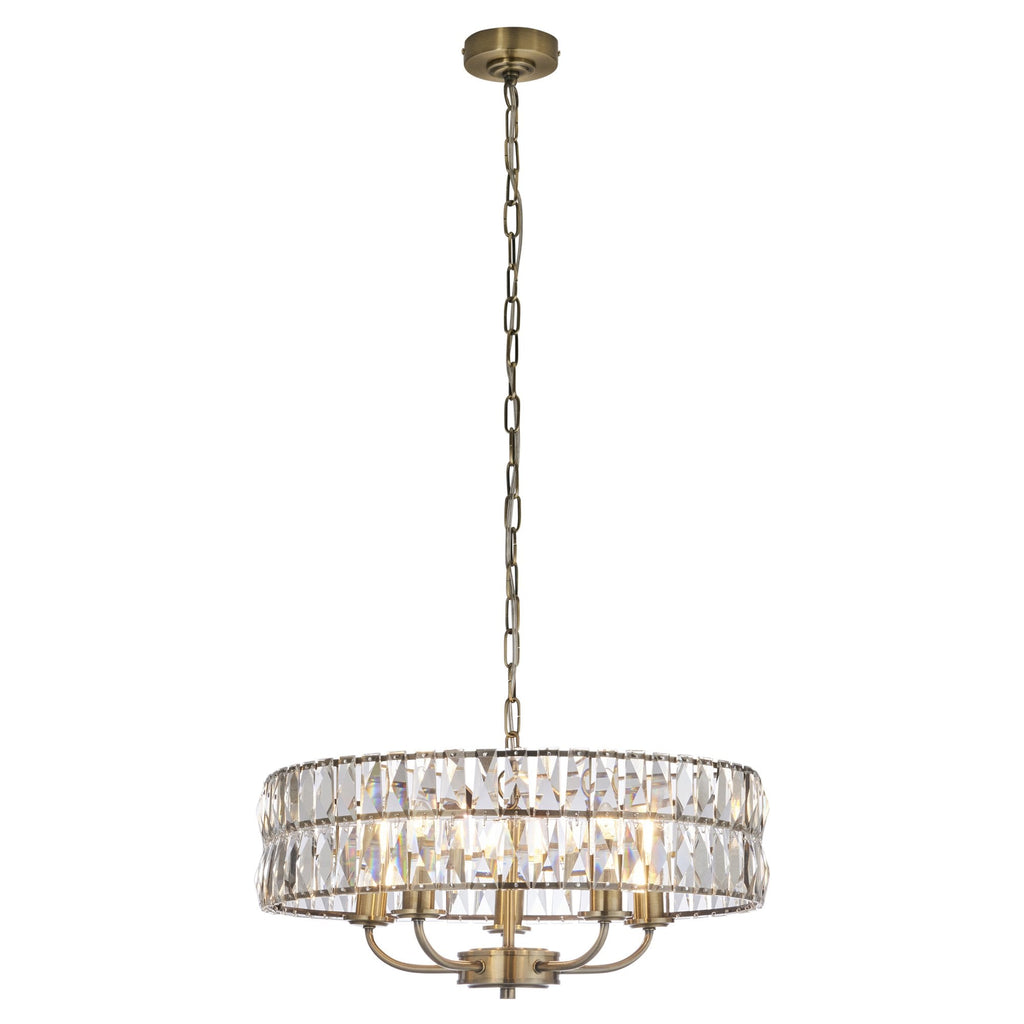 106244 Clifton 5 Light Pendant Antique Brass Plate And Clear Crystal Glass