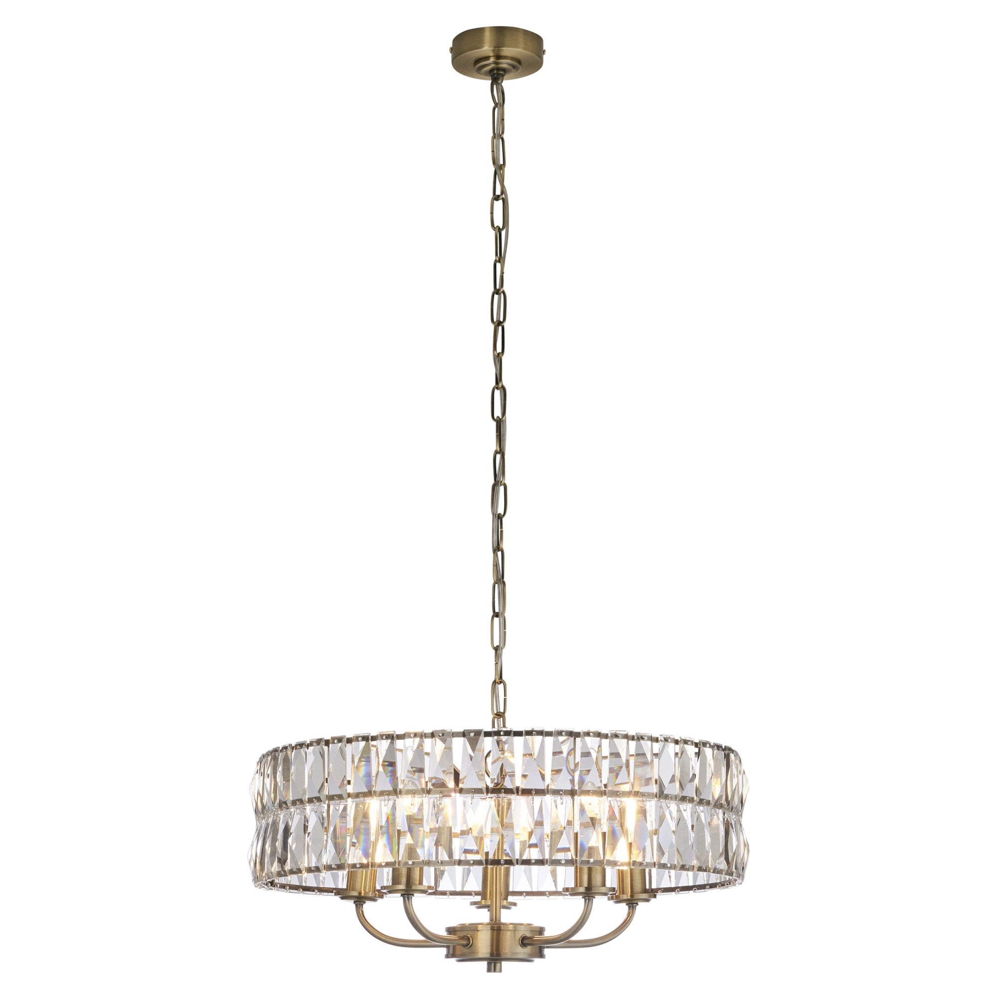 106244 Clifton 5 Light Pendant Antique Brass Plate And Clear Crystal Glass