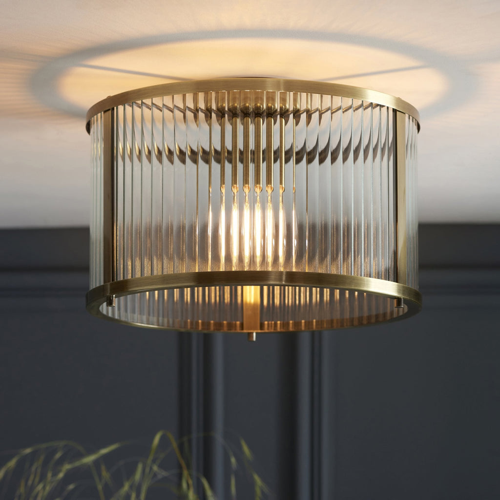 Ridgeton 1 Light Flush Antique Brass Plate And Clear Ribbed Glass
