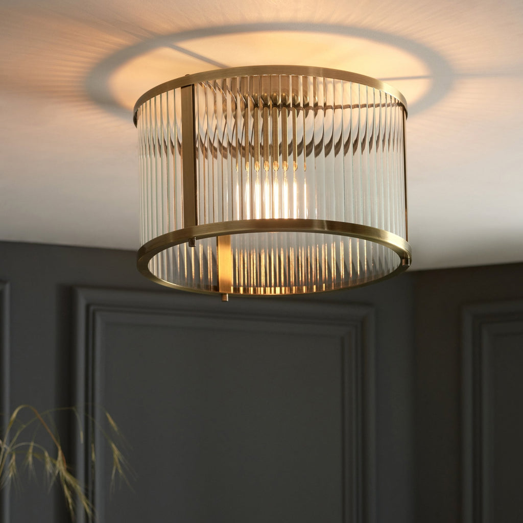 Ridgeton 1 Light Flush Antique Brass Plate And Clear Ribbed Glass