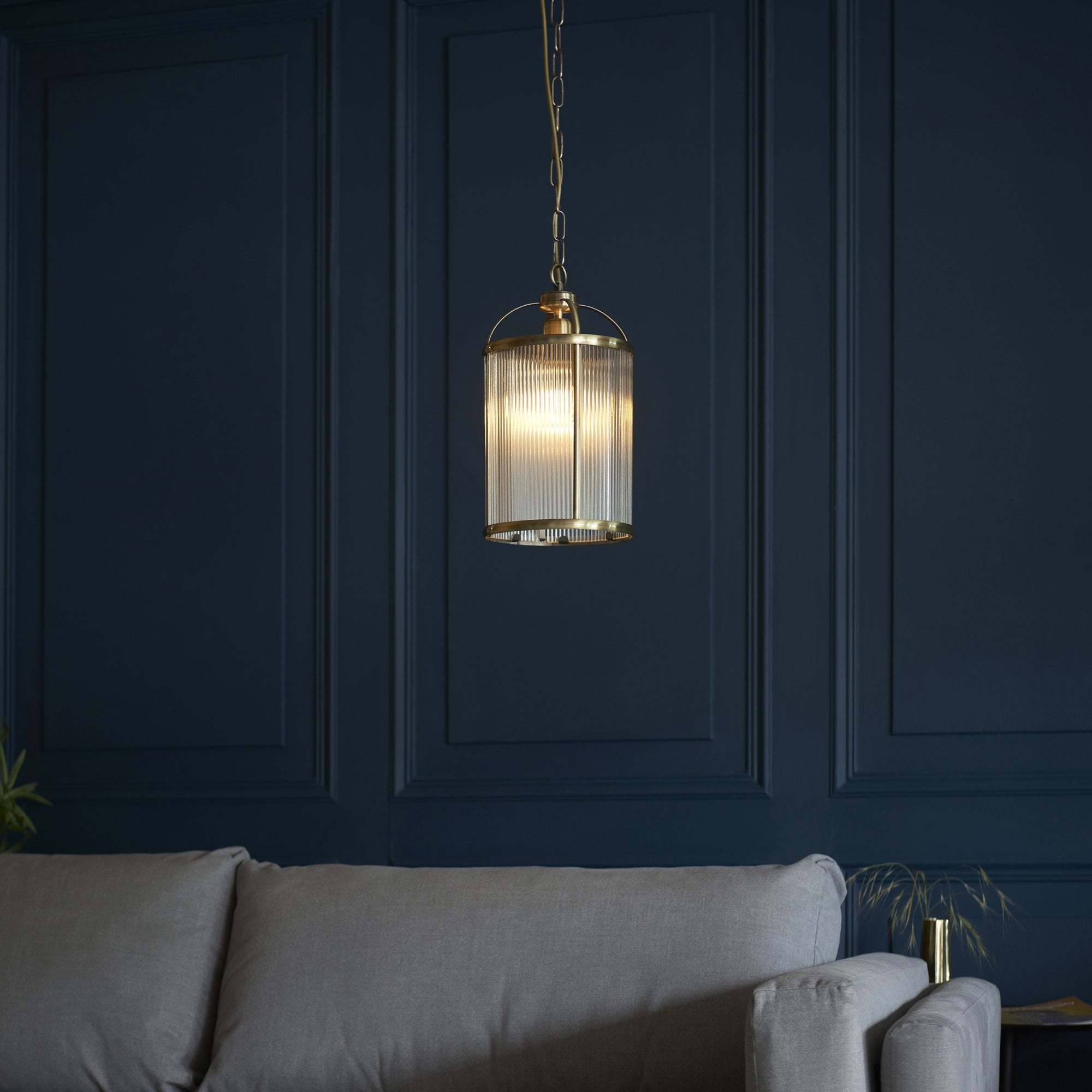 106710 Lambeth Ribbed 1 Light Pendant Antique Brass Plate And Clear Ribbed Glass
