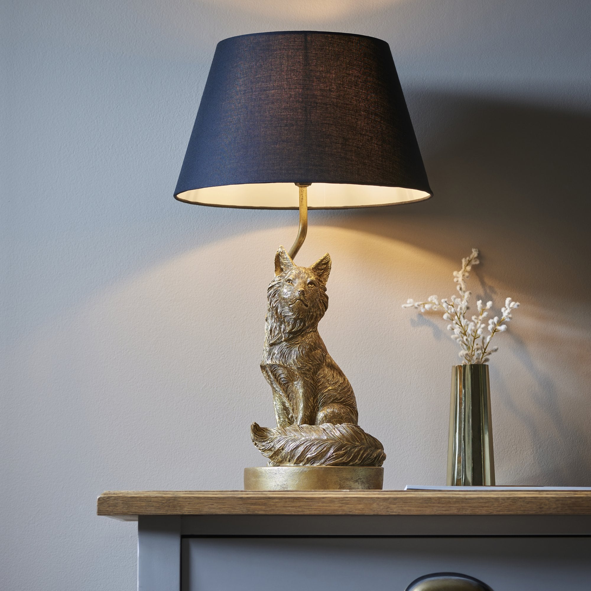 106796 Fox 1 Light Table Lamp Vintage Gold Paint And Black Fabric