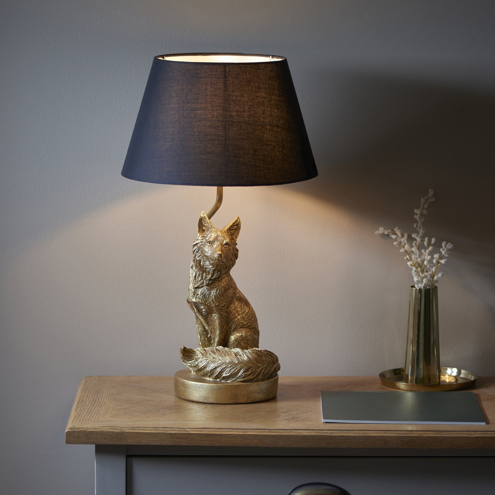 106796 Fox 1 Light Table Lamp Vintage Gold Paint And Black Fabric