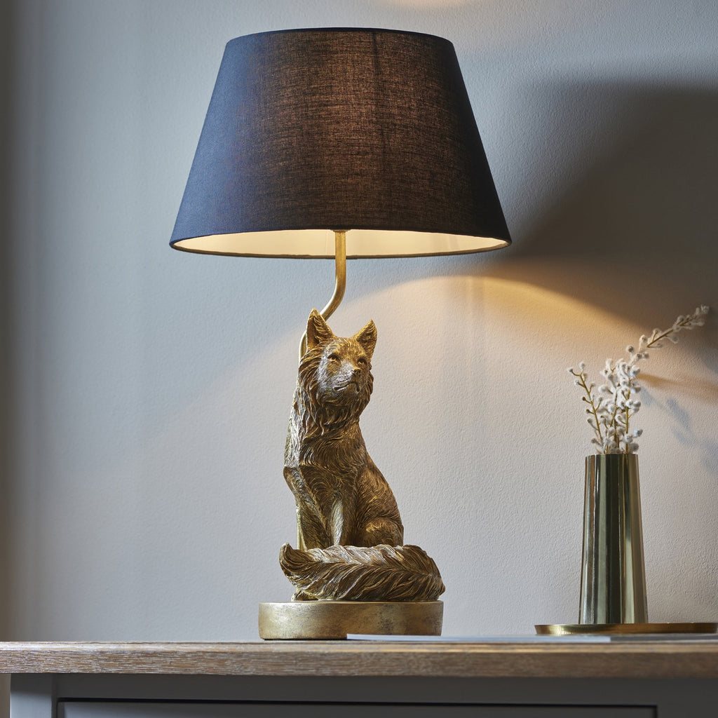 106796 Fox 1 Light Table Lamp Vintage Gold Paint And Black Fabric