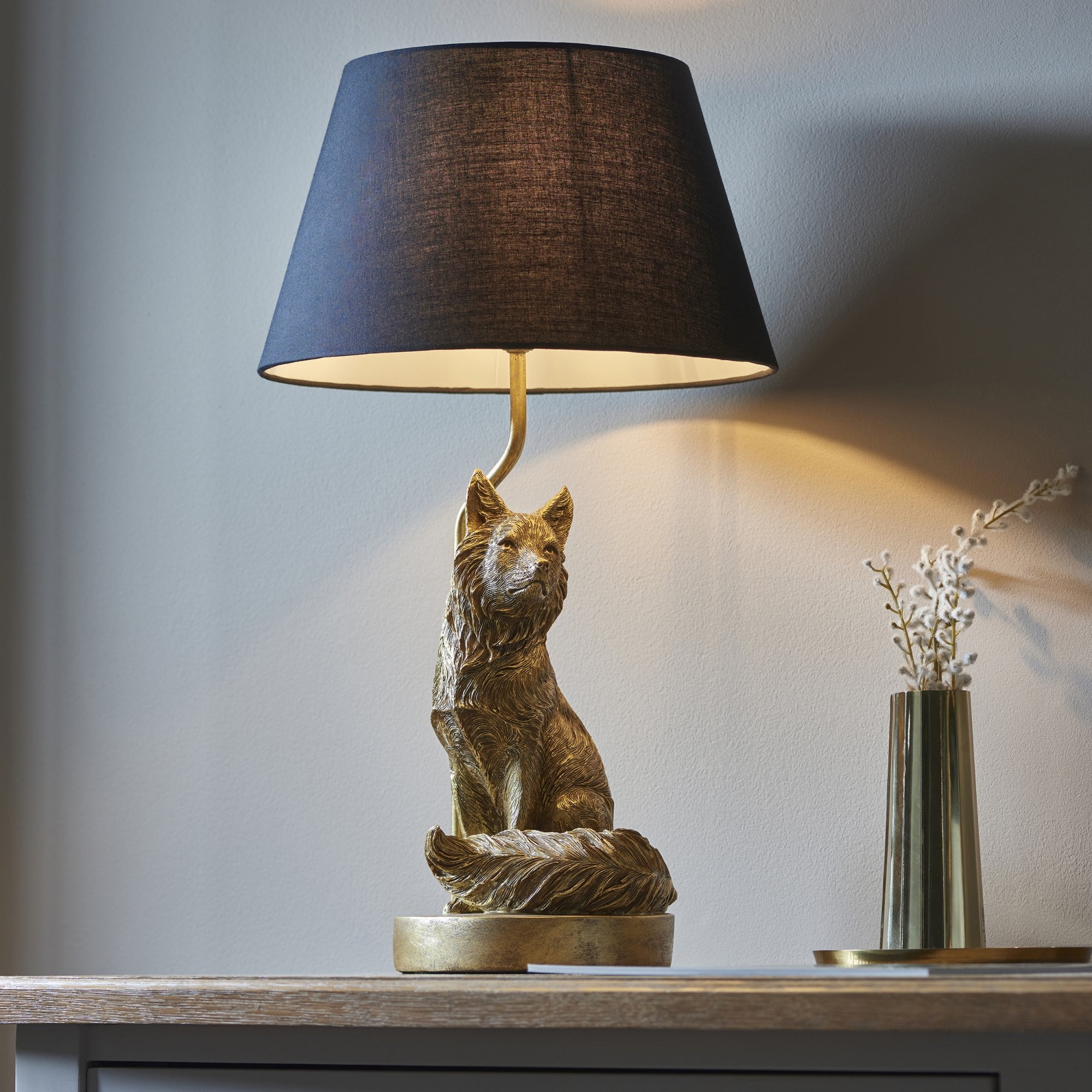 106796 Fox 1 Light Table Lamp Vintage Gold Paint And Black Fabric