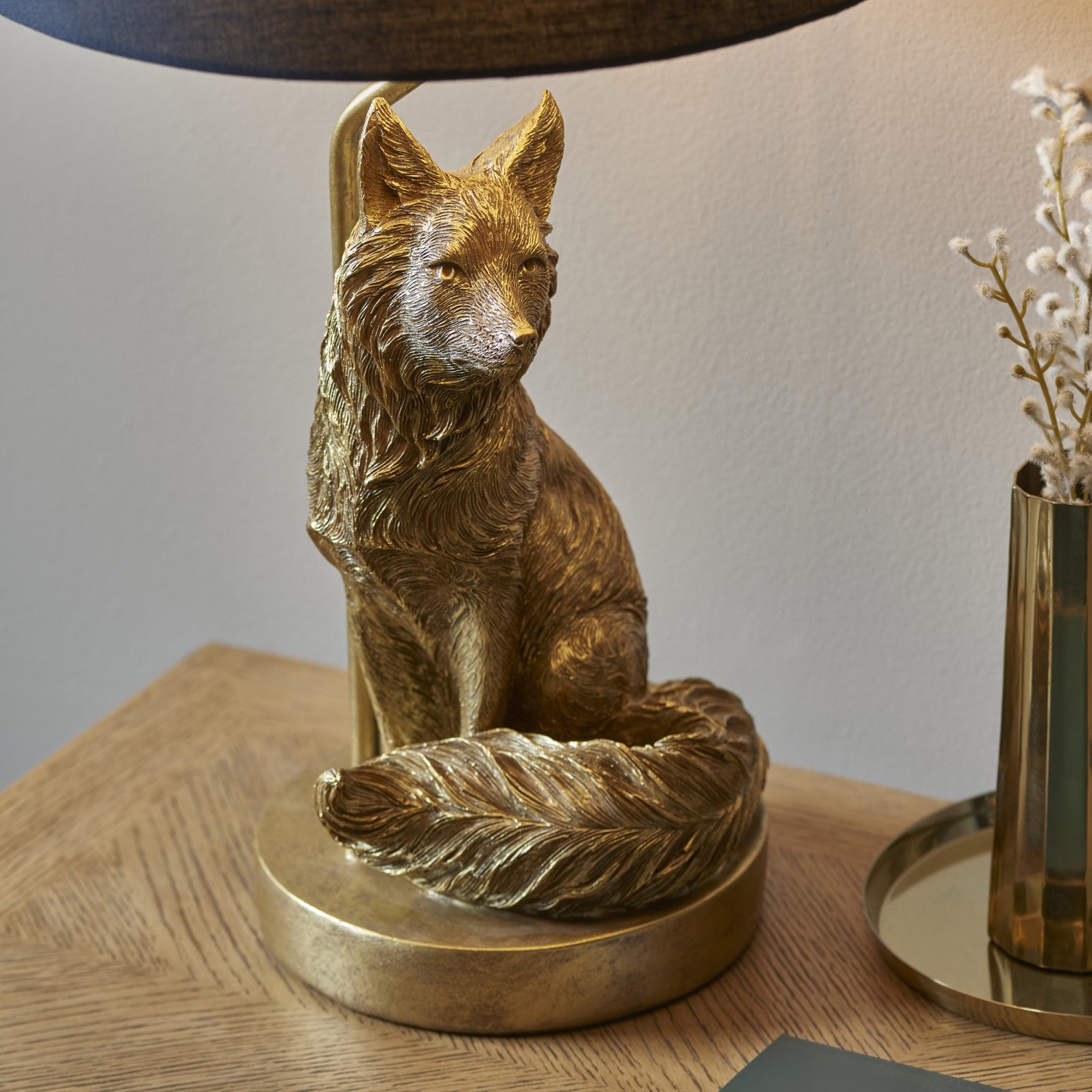 106796 Fox 1 Light Table Lamp Vintage Gold Paint And Black Fabric