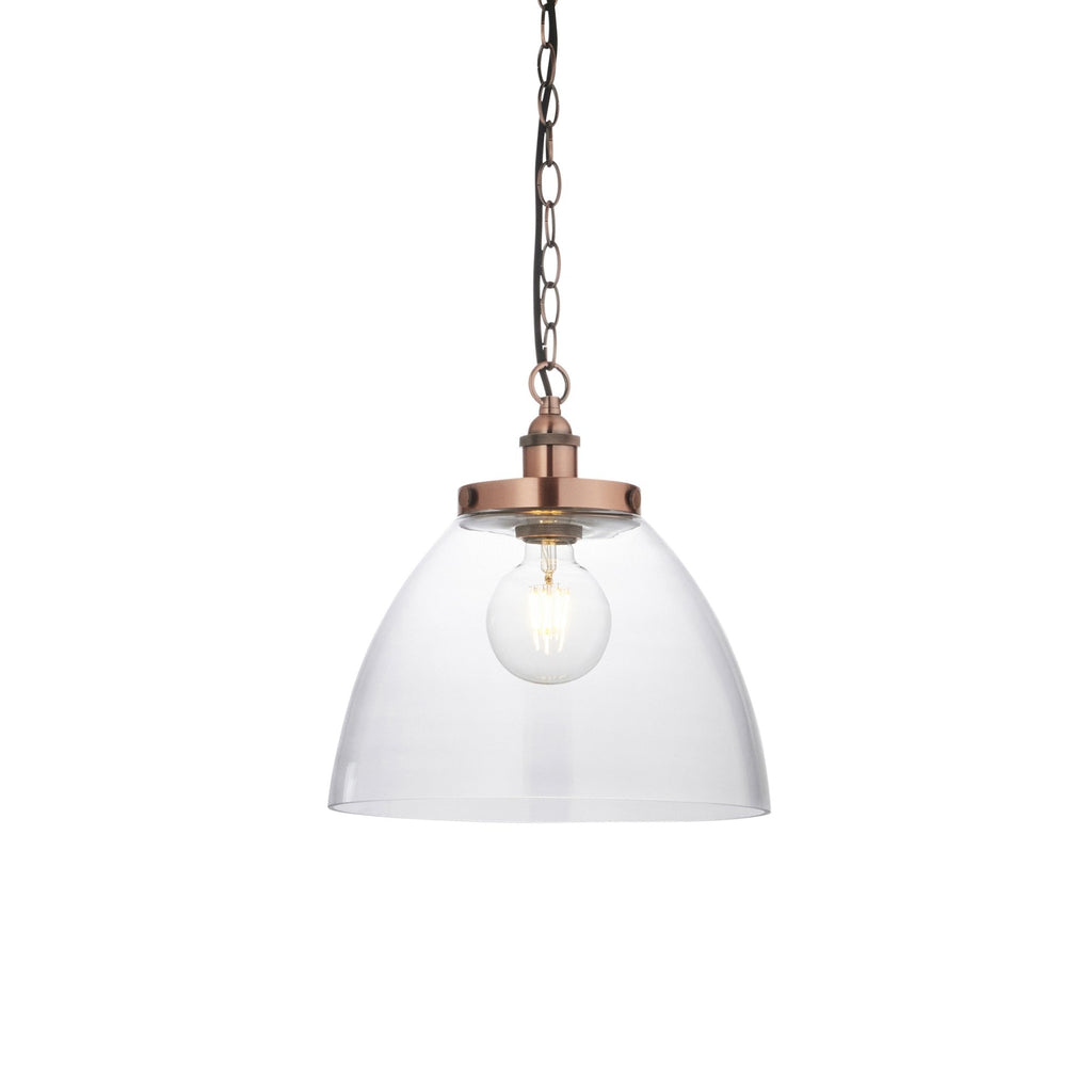 106895 Hansen Grand 1 Light Pendant Aged Copper Plate And Clear Glass