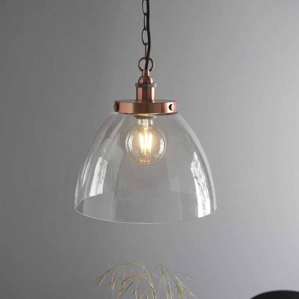 106895 Hansen Grand 1 Light Pendant Aged Copper Plate And Clear Glass