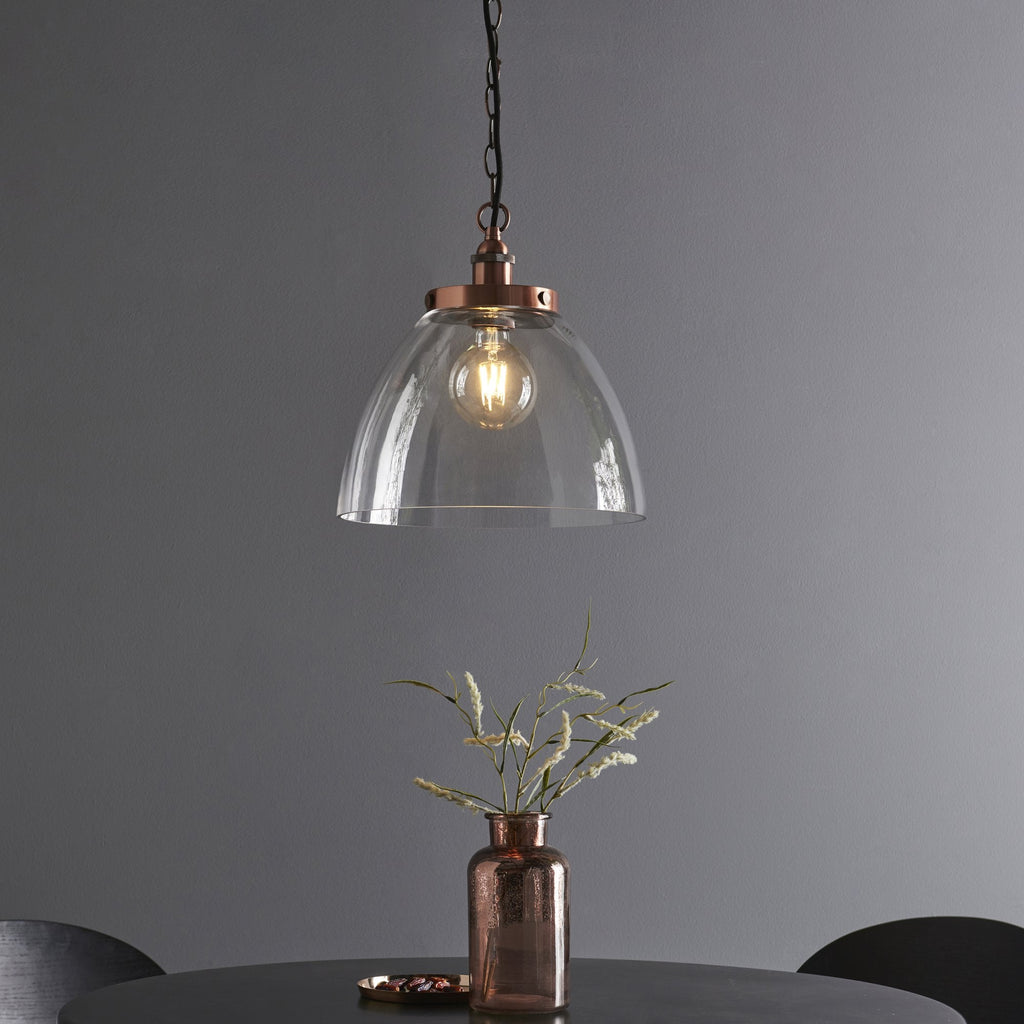 106895 Hansen Grand 1 Light Pendant Aged Copper Plate And Clear Glass