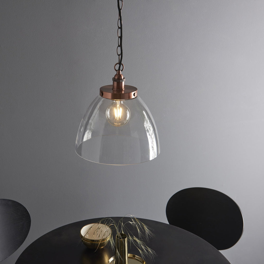 106895 Hansen Grand 1 Light Pendant Aged Copper Plate And Clear Glass