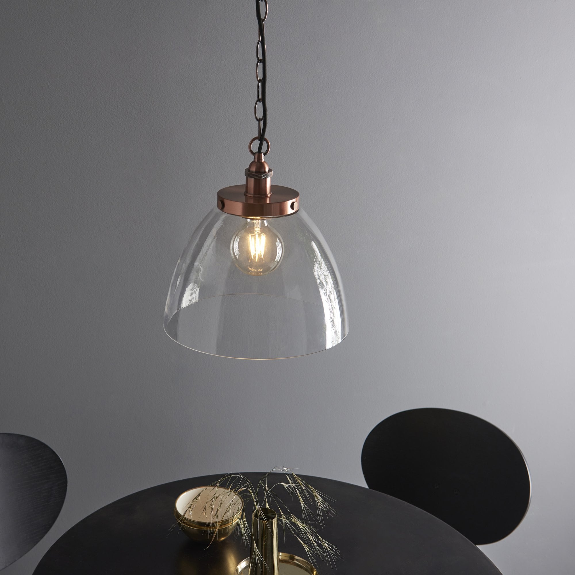 106895 Hansen Grand 1 Light Pendant Aged Copper Plate And Clear Glass