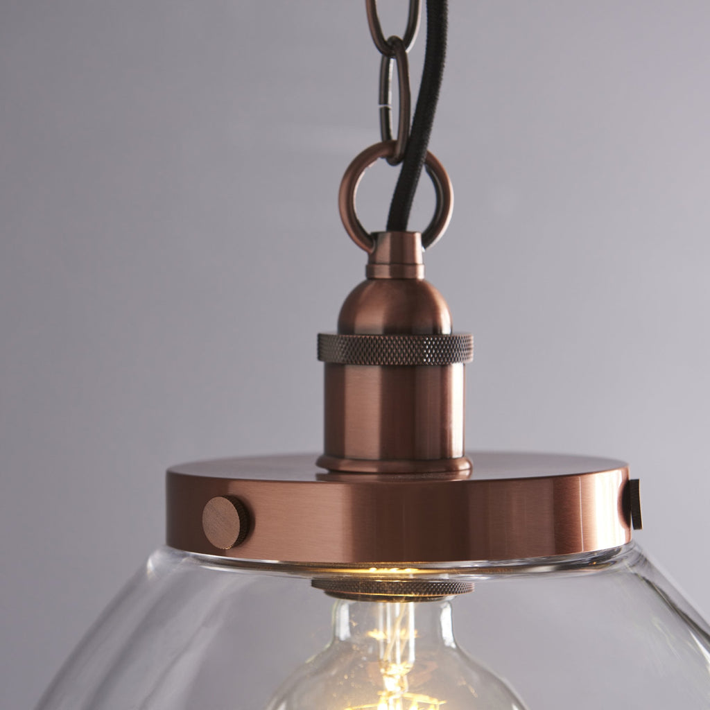 106895 Hansen Grand 1 Light Pendant Aged Copper Plate And Clear Glass