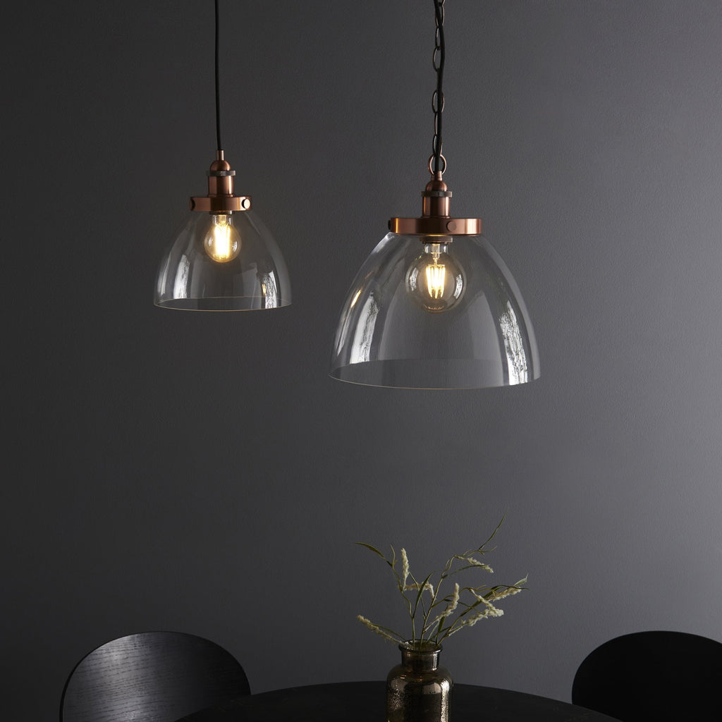 106895 Hansen Grand 1 Light Pendant Aged Copper Plate And Clear Glass
