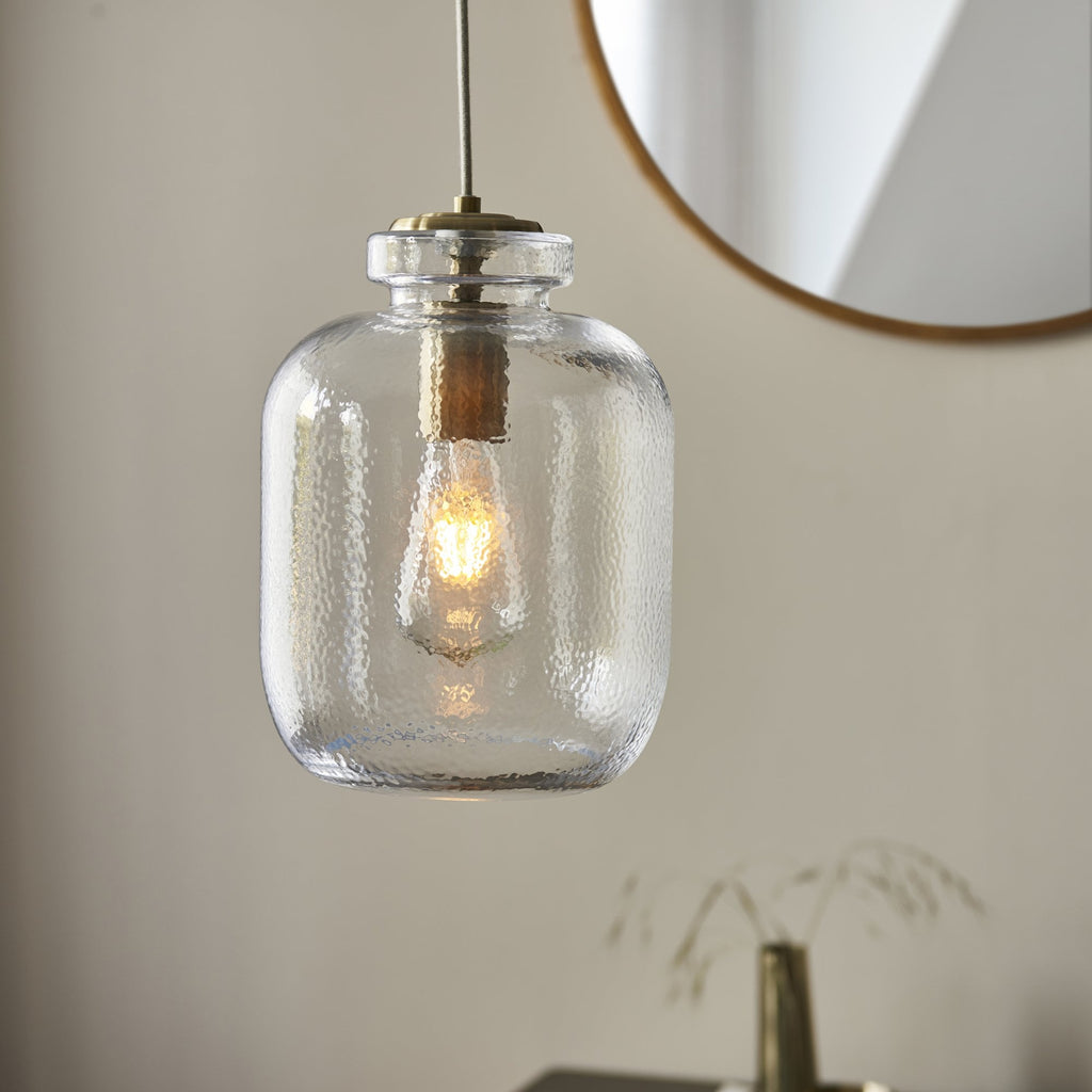 106923 Lyra 1 Light Pendant Clear Textured Glass And Antique Brass Plate