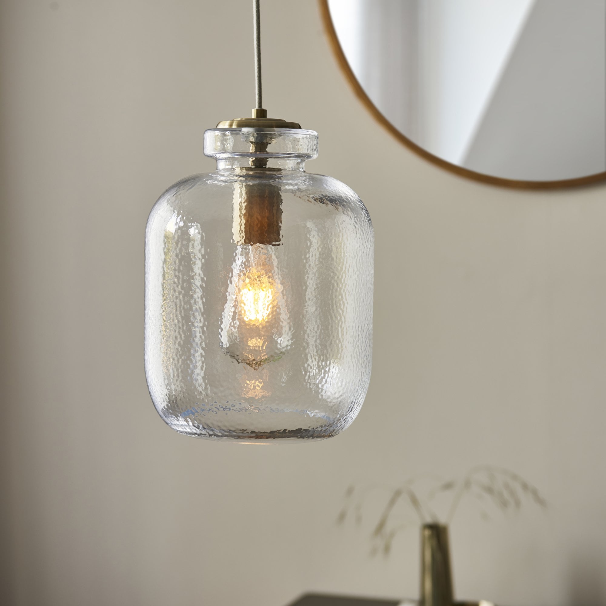 106923 Lyra 1 Light Pendant Clear Textured Glass And Antique Brass Plate