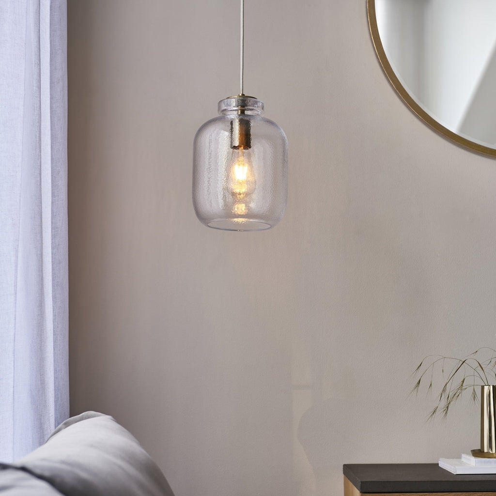 106923 Lyra 1 Light Pendant Clear Textured Glass And Antique Brass Plate