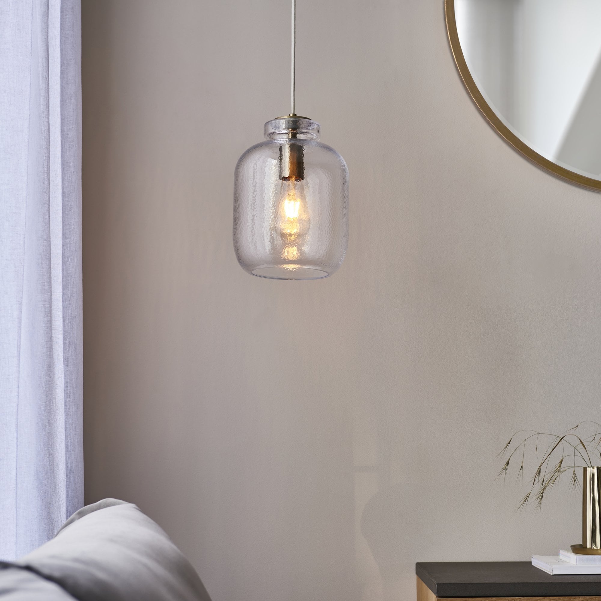 106923 Lyra 1 Light Pendant Clear Textured Glass And Antique Brass Plate