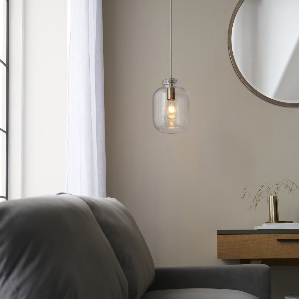 106923 Lyra 1 Light Pendant Clear Textured Glass And Antique Brass Plate