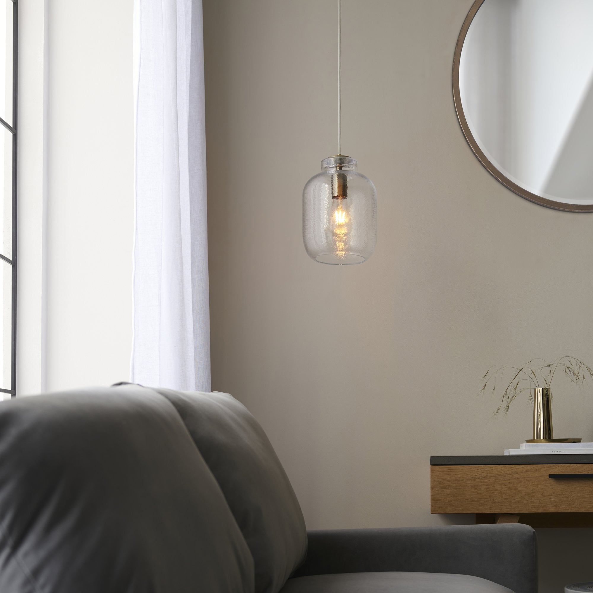 106923 Lyra 1 Light Pendant Clear Textured Glass And Antique Brass Plate