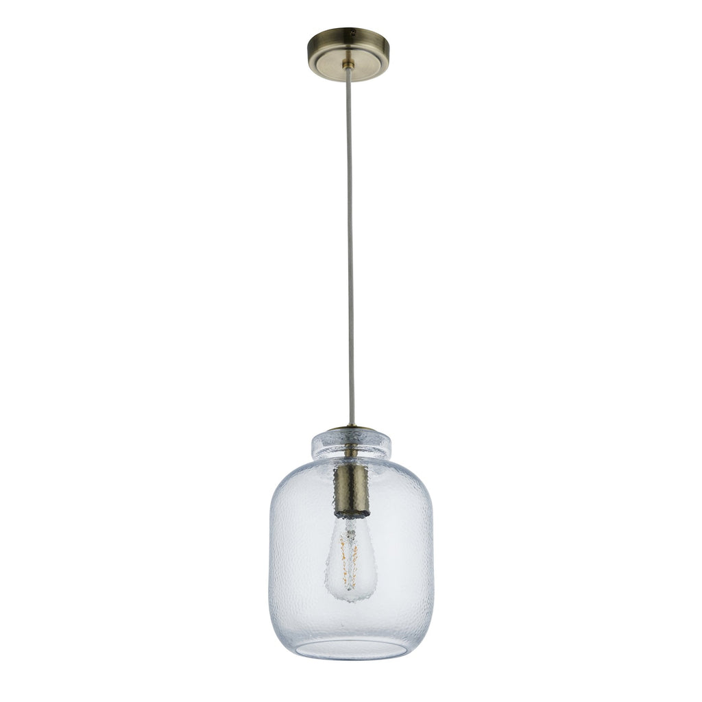 106923 Lyra 1 Light Pendant Clear Textured Glass And Antique Brass Plate