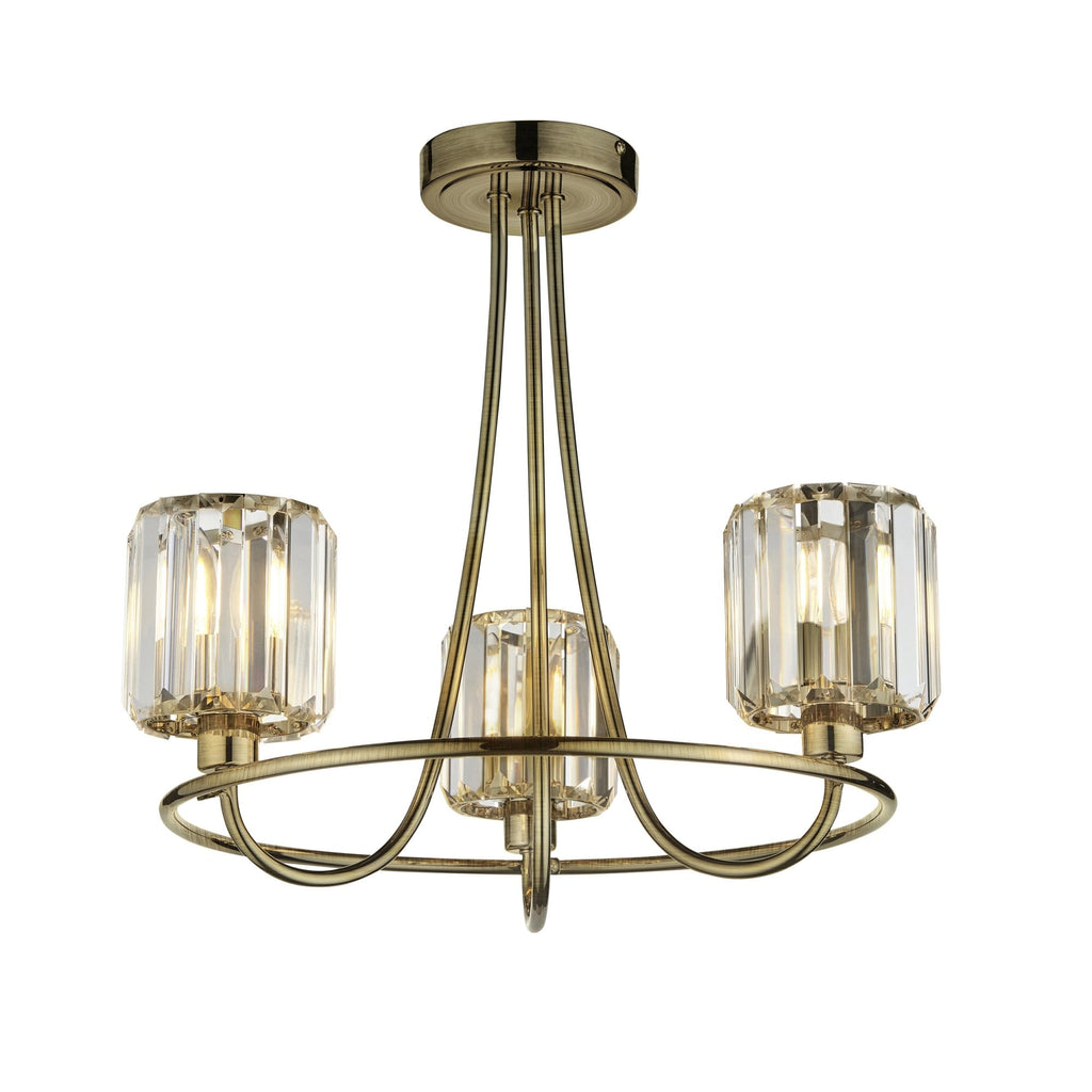 107801 Berenice 3 Light Semi Flush Antique Brass Plate And Clear Glass
