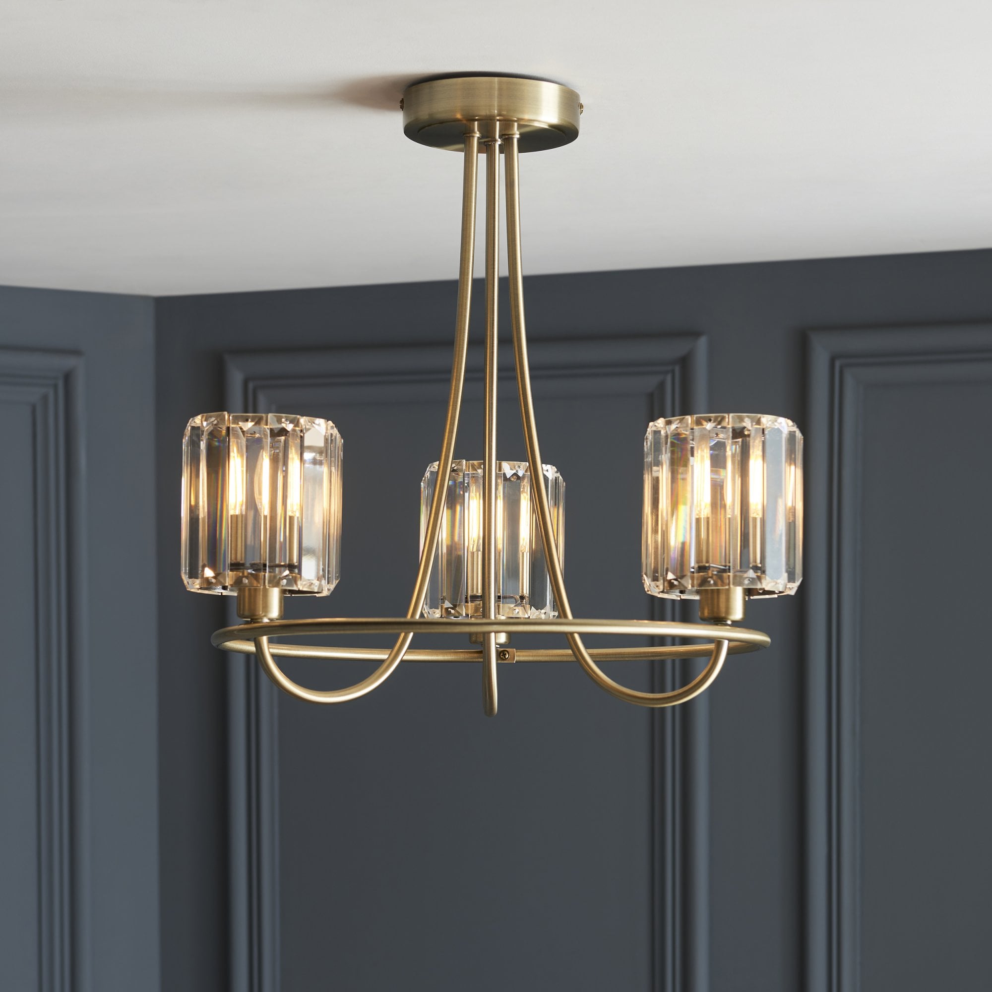 107801 Berenice 3 Light Semi Flush Antique Brass Plate And Clear Glass