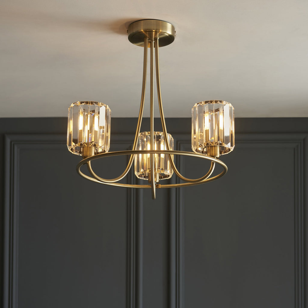 107801 Berenice 3 Light Semi Flush Antique Brass Plate And Clear Glass