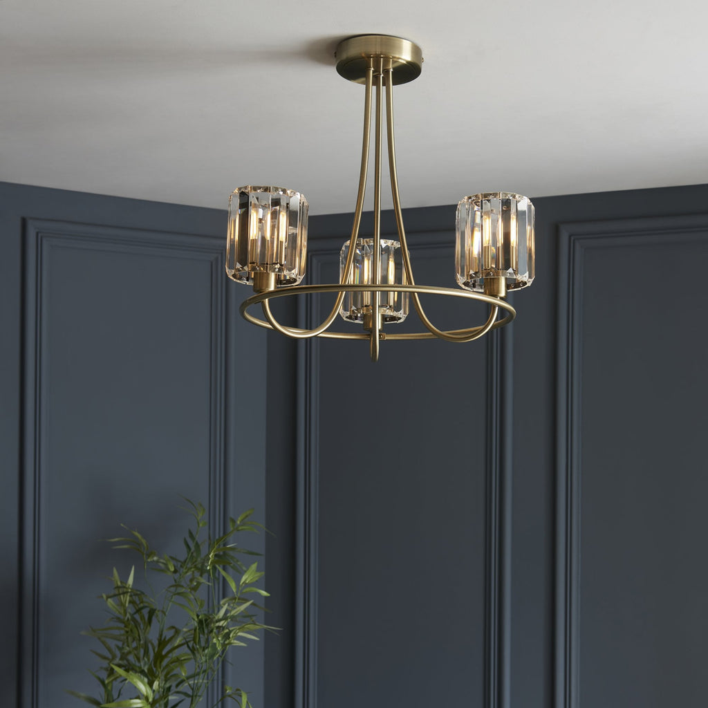107801 Berenice 3 Light Semi Flush Antique Brass Plate And Clear Glass