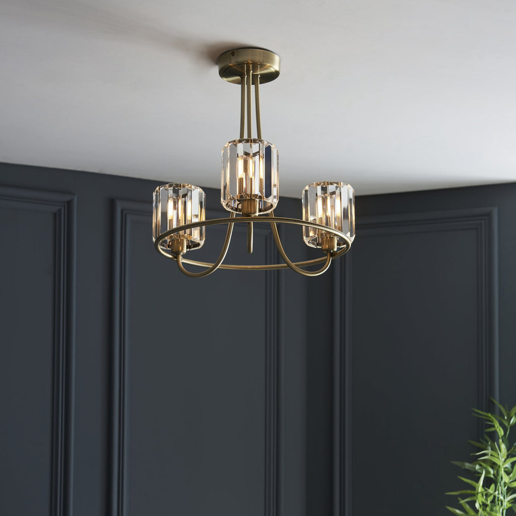 107801 Berenice 3 Light Semi Flush Antique Brass Plate And Clear Glass