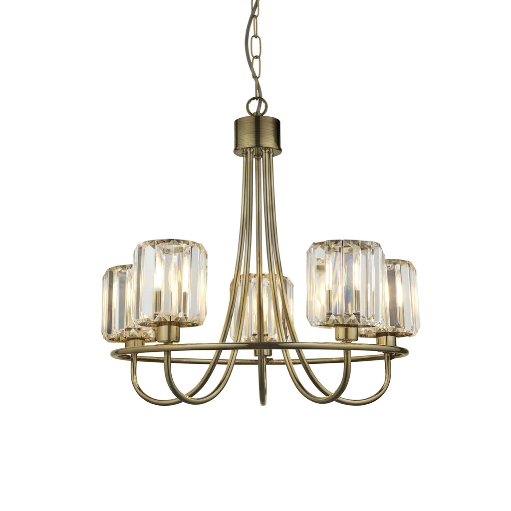 107802 Berenice 5 Light Pendant Antique Brass Plate And Clear Glass