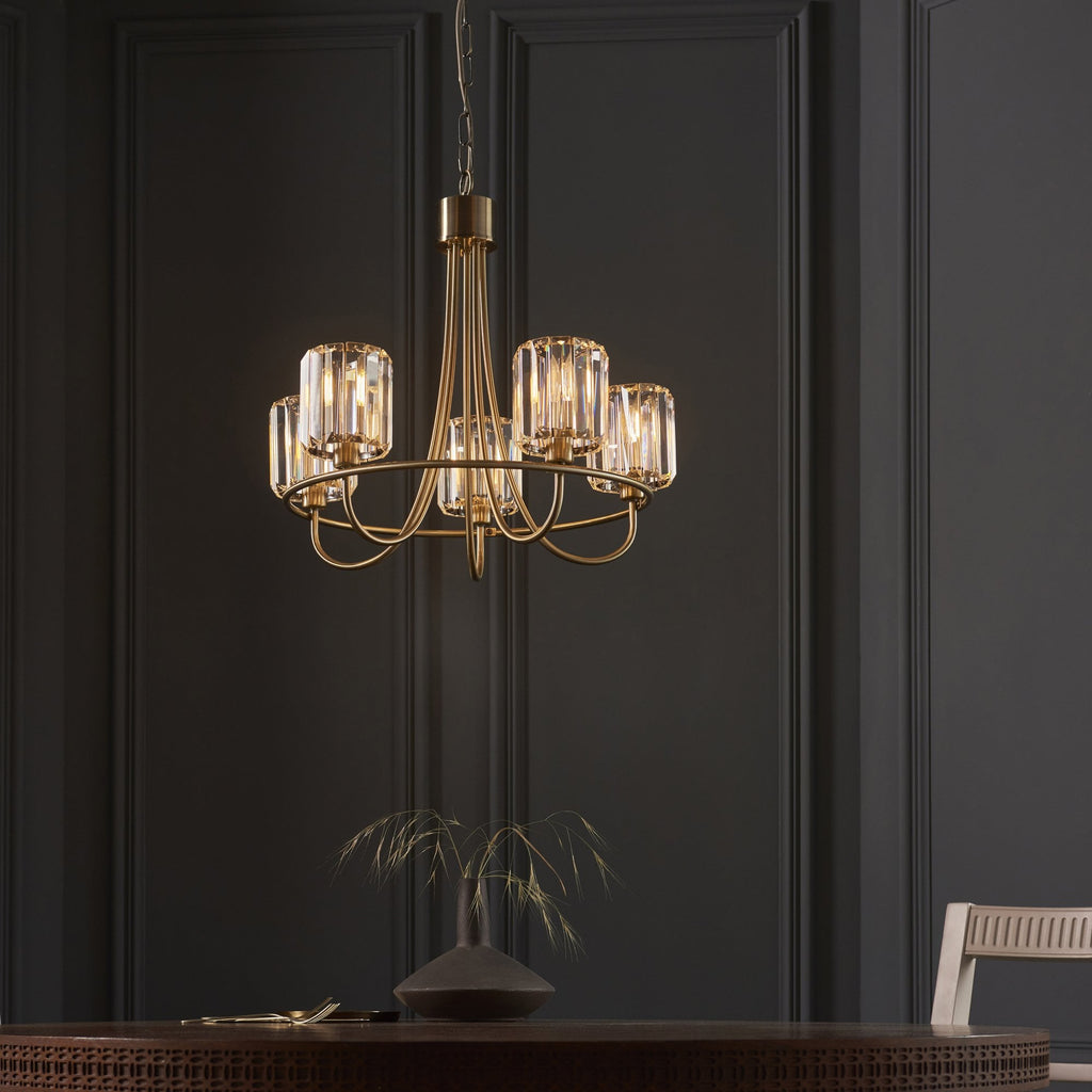 107802 Berenice 5 Light Pendant Antique Brass Plate And Clear Glass