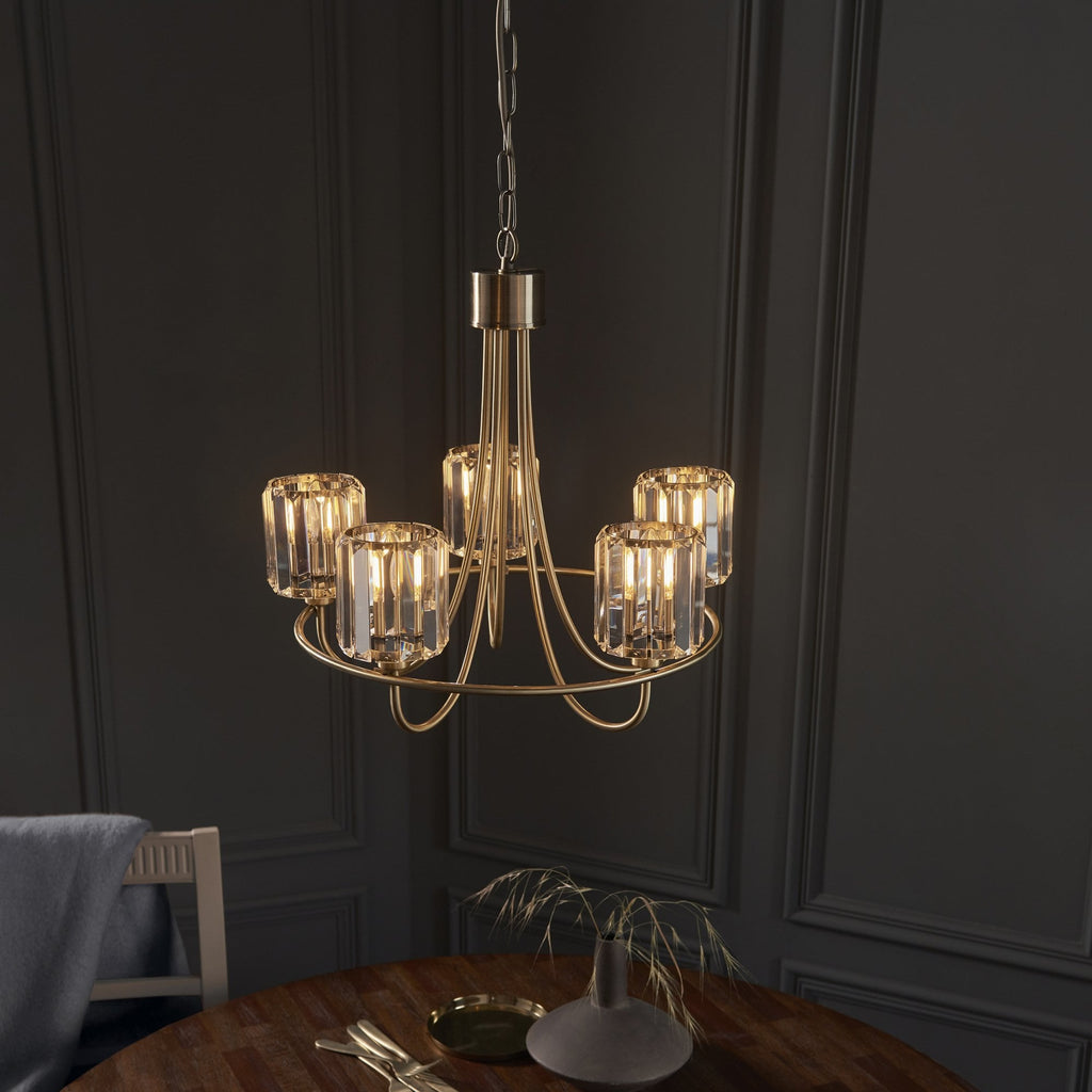107802 Berenice 5 Light Pendant Antique Brass Plate And Clear Glass