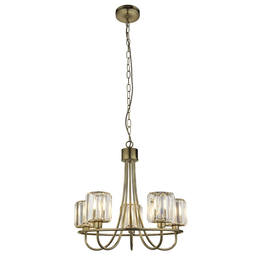 107802 Berenice 5 Light Pendant Antique Brass Plate And Clear Glass