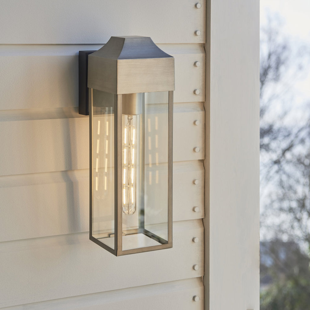 95529 Outdoor Wall 1 Light Brushed Silver Finish, Matt Black And Clear Glass