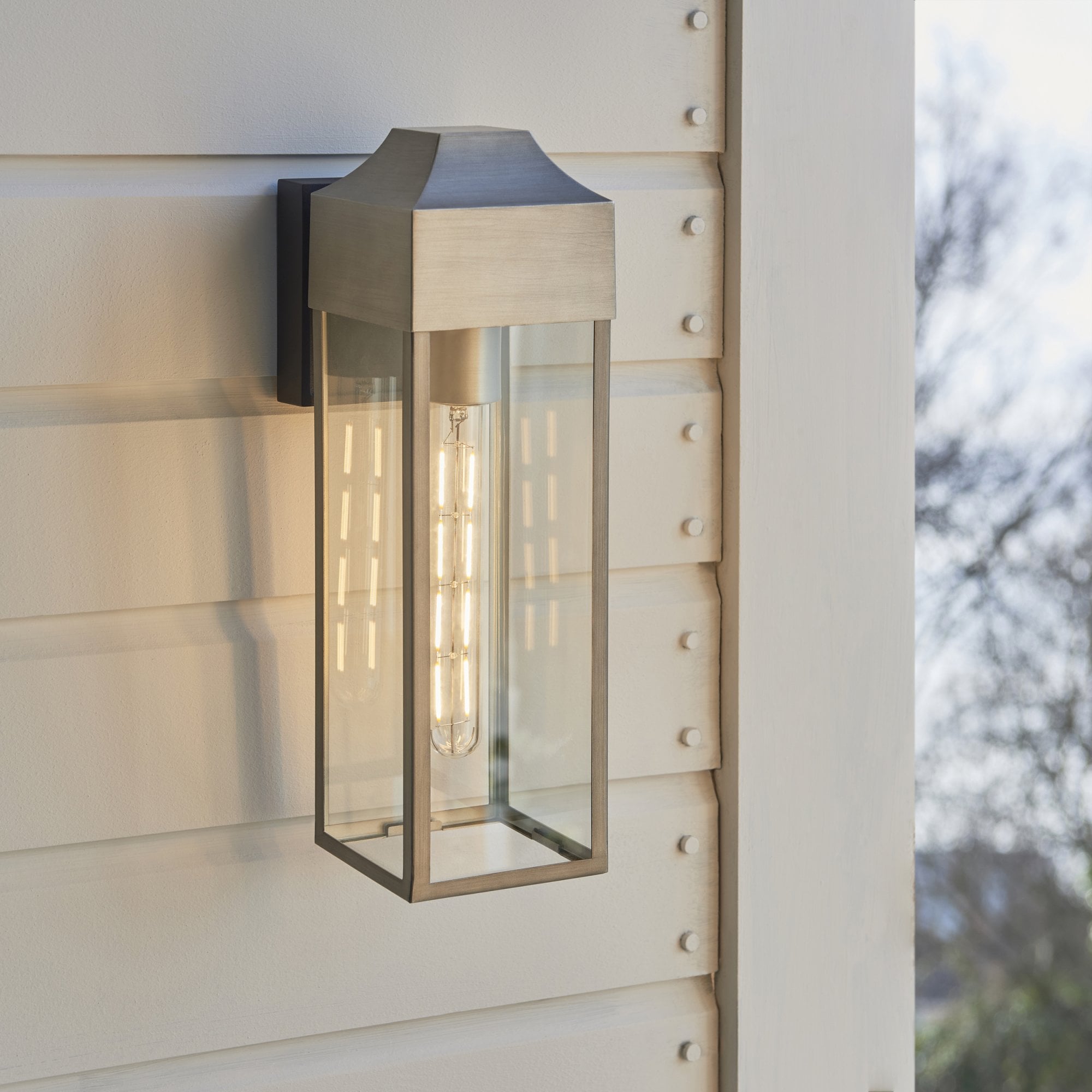 95529 Outdoor Wall 1 Light Brushed Silver Finish, Matt Black And Clear Glass
