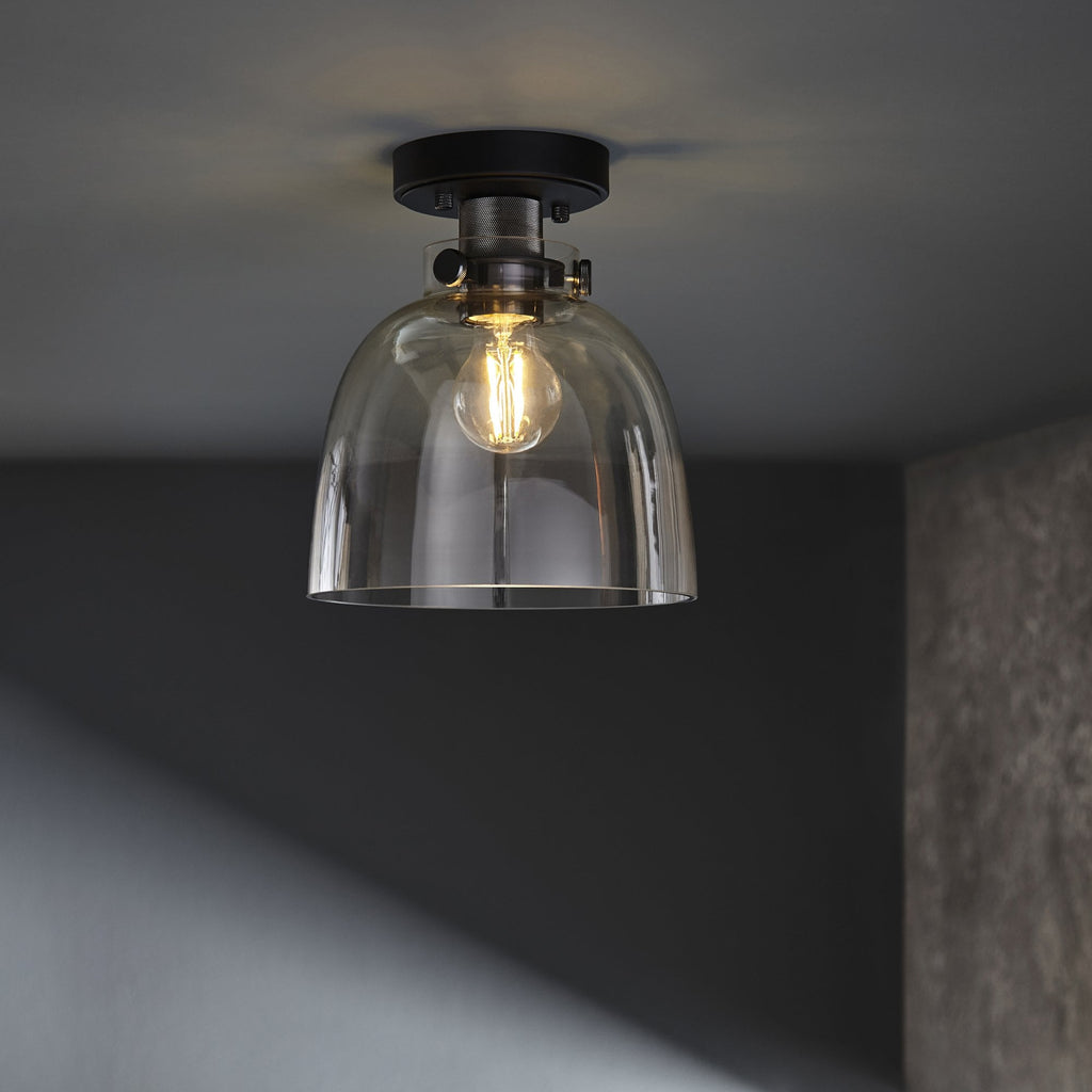 99106 Flush Ceiling 1 Light Smokey Grey Tinted Glass And Black Chrome Plate
