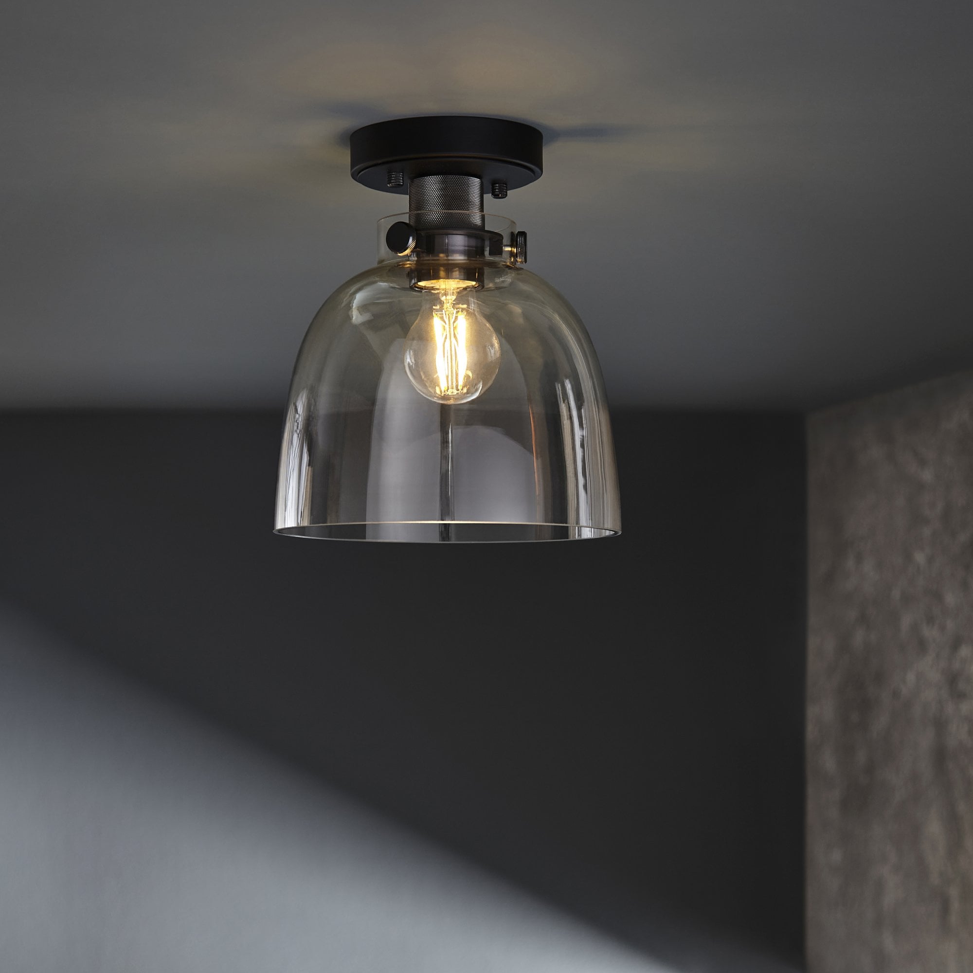 99106 Flush Ceiling 1 Light Smokey Grey Tinted Glass And Black Chrome Plate