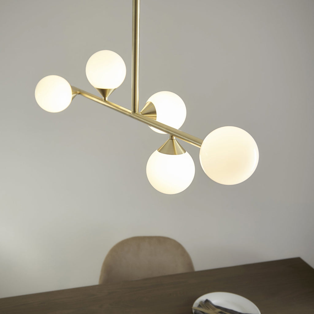 101347 Pendant 5 Light Satin Brass Plate And Gloss White Glass