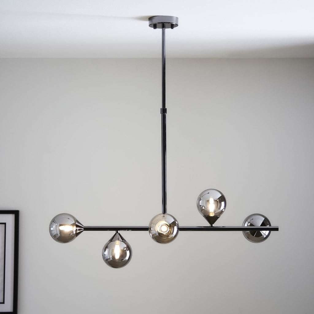 101348 Pendant 5 Light Black Chrome Plate And Smoked Mirror Glass