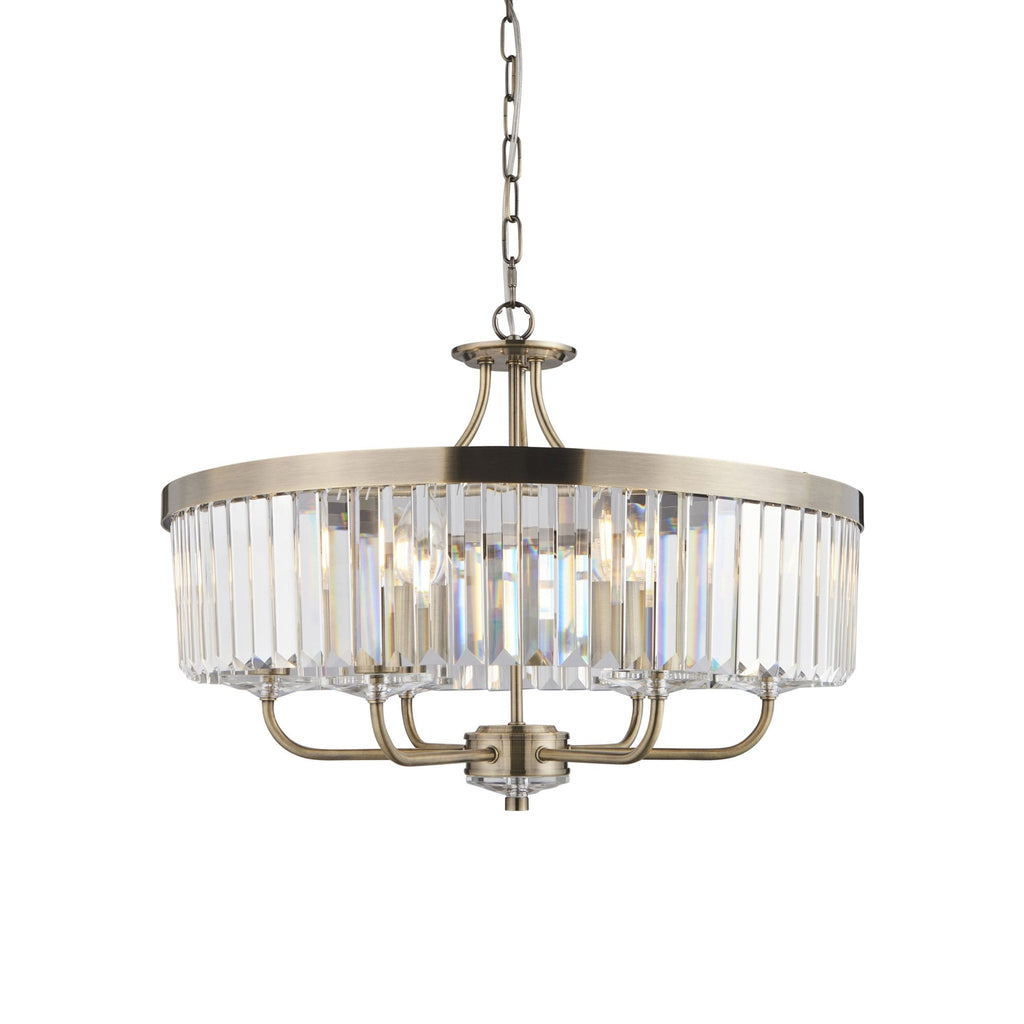102505 Pendant 6 Light Antique Brass Plate And Clear Cut Glass