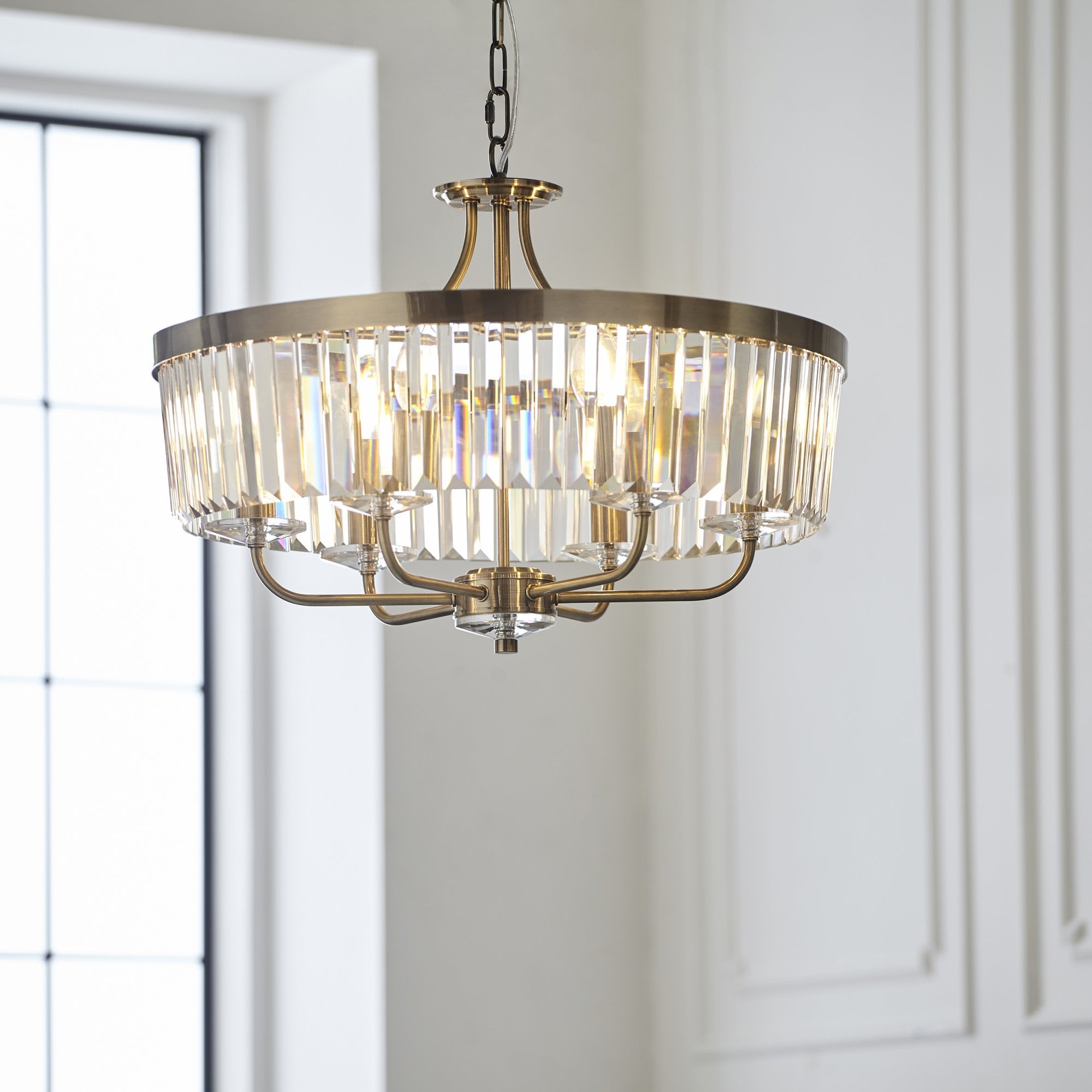102505 Pendant 6 Light Antique Brass Plate And Clear Cut Glass